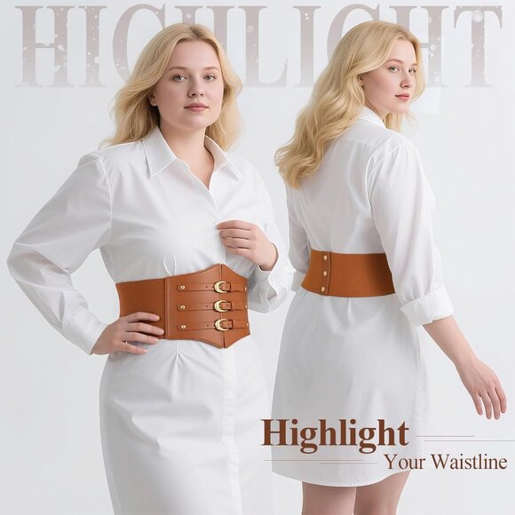 Women Corset Wide Stretch Waspie Elastic Waist Belt with Brown Buckle Gold - Picture 2 of 6